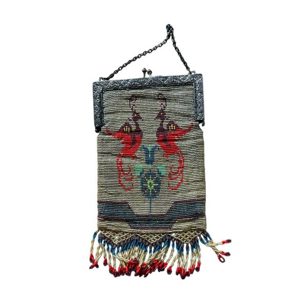 Antique Beaded Purse Figural Birds Fringe Flapper Art Deco Metal Frame - - Picture 3 of 4